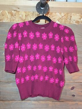 kate spade Burgundy Crewneck Sweater with Hot Pink Floral Motif